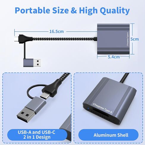 CFexpress Type A Card Reader with USB 3.2 Gen 2 10Gbps, 2-in-1 USB-C/USB-A CFexpress Type A Card Adapter, Compatible with Windows/Mac/Linux/Android/iPhone 17/16/15, Laptops, Tablets, Smartphones in Kuwait
