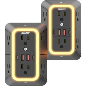 Surge Protector Outlet Extender, 2-Pack Night Light Power Strip, ETL Listed in Saudi Arabia