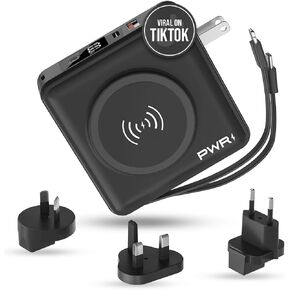 بنك الطاقة PWRMobile PWR Travel PRO 5 في 1 - 10000 مللي أمبير في الساعة مع كابلات مدمجة - 20 واط USB-C + 15 واط شحن لاسلكي - شاحن محمول صغير الحجم لأجهزة iPhone وAndroid - أبيض in Kuwait