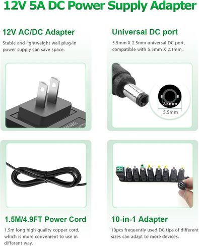 12V 5A Power Supply AC Adapter 60W AC 100-240V to DC 12V Power Cord 5Amp 4A in Kuwait