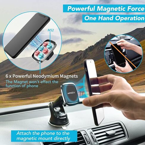 APPS2Car 3-in-1 Car Phone Mount Magnetic Dashboard Windshield Air Vent Mount Phone Holder for Car Universal Car Phone Holder with Powerful Suction Cup Built-in Strong 6 Magnets for All CellPhones in Kuwait
