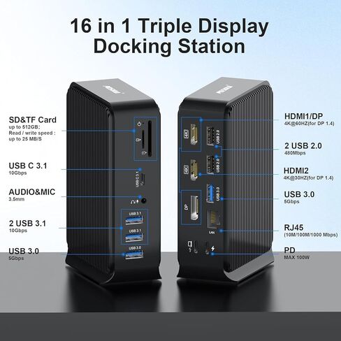 USB C Docking Station,16-in-1 Triple Display Universal Laptop Docking Station with Dual 4K HDMI/DP, 6XUSB-A,USB-C(10Gbps), RJ45, Audio,100W PD, SD/TF for Window,Mac OS in Kuwait