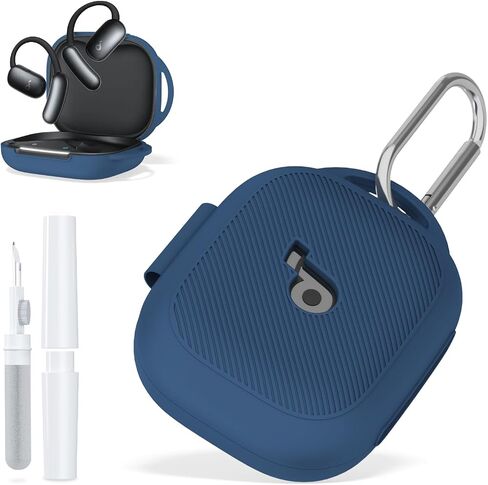 for Soundcore AeroFit 2 by Anker Case Cover with Cleaner Kit, Silicone Shockproof Protective Logo Visible Design Cover with Anker Soundcore AeroFit 2 Earbuds Charging Case with Carabiner-Blue in Kuwait