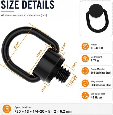 2 Pack Camera D-Ring Screws, 1/4"-20 Stainless Steel Tripod Mount Screws with Folding Hinged Loop, Tool-Free Strap Adapter for DSLR Cameras, Tripods, Gimbals, Selfie Sticks and Telescopes, Black in Saudi Arabia