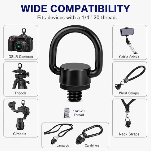 2 Pack Camera D-Ring Screws, 1/4"-20 Stainless Steel Tripod Mount Screws with Folding Hinged Loop, Tool-Free Strap Adapter for DSLR Cameras, Tripods, Gimbals, Selfie Sticks and Telescopes, Black in Saudi Arabia