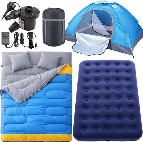4 Pcs Camping Tent Set Include 1-2 Person Tent, Sleeping Bag, Air Mattress and 110v Ac/12v Electric Air Pump with 3 Nozzles Easy Set up Shelter with Rain Fly and Carrying Bag for Outdoor in Saudi Arabia