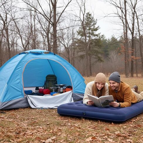 4 Pcs Camping Tent Set Include 1-2 Person Tent, Sleeping Bag, Air Mattress and 110v Ac/12v Electric Air Pump with 3 Nozzles Easy Set up Shelter with Rain Fly and Carrying Bag for Outdoor in Saudi Arabia