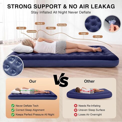 BreezeHug Navy Blue Large Velvet Air Mattress Camping Twin Air Mattress Waterproof Portable Inflatable Blow up Bed for Slumber Sleepover Party Guests Travel 73 x 39 x 7.9 Inches (6 Pack) in Saudi Arabia