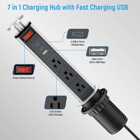 XBA 2-1/2" Pull Up Outlet for Countertop, USB-C PD 20W and 3 Outlets in Saudi Arabia