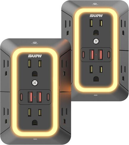 Surge Protector Outlet Extender, 2-Pack Night Light Power Strip, ETL Listed in Saudi Arabia