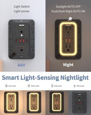 Surge Protector Outlet Extender, 2-Pack Night Light Power Strip, ETL Listed in Saudi Arabia