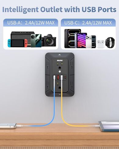 Surge Protector Outlet Extender, 2-Pack Night Light Power Strip, ETL Listed in Saudi Arabia