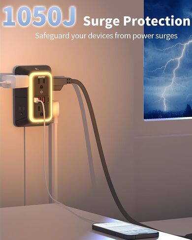 Surge Protector Outlet Extender, 2-Pack Night Light Power Strip, ETL Listed in Saudi Arabia