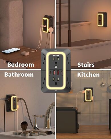 Surge Protector Outlet Extender, 2-Pack Night Light Power Strip, ETL Listed in Saudi Arabia