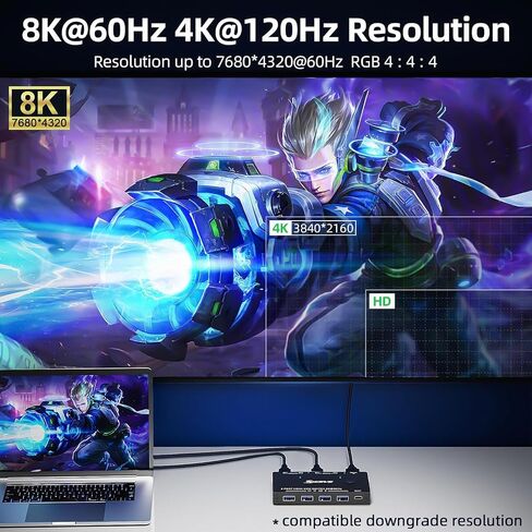 8K KVM Switch HDMI 2 Port 4K@120Hz，Camgeet USB 3.0 KVM Switch for 2 Computers Share 1 Monitor and 3 USB Devices，HDCP 2.3，HDR 10,with Wired Remote，12V Power Adapter and 2 USB3.0 Cables in Kuwait