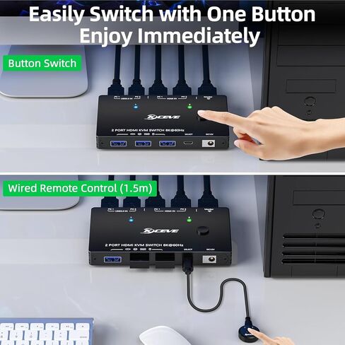 8K KVM Switch HDMI 2 Port 4K@120Hz，Camgeet USB 3.0 KVM Switch for 2 Computers Share 1 Monitor and 3 USB Devices，HDCP 2.3，HDR 10,with Wired Remote，12V Power Adapter and 2 USB3.0 Cables in Kuwait