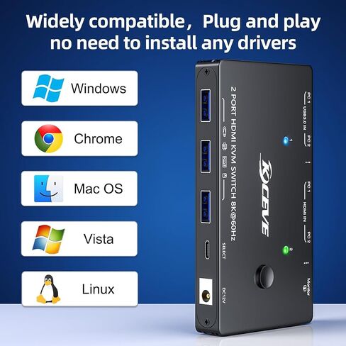 8K KVM Switch HDMI 2 Port 4K@120Hz，Camgeet USB 3.0 KVM Switch for 2 Computers Share 1 Monitor and 3 USB Devices，HDCP 2.3，HDR 10,with Wired Remote，12V Power Adapter and 2 USB3.0 Cables in Kuwait