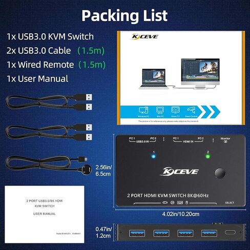 8K KVM Switch HDMI 2 Port 4K@120Hz，Camgeet USB 3.0 KVM Switch for 2 Computers Share 1 Monitor and 3 USB Devices，HDCP 2.3，HDR 10,with Wired Remote，12V Power Adapter and 2 USB3.0 Cables in Kuwait