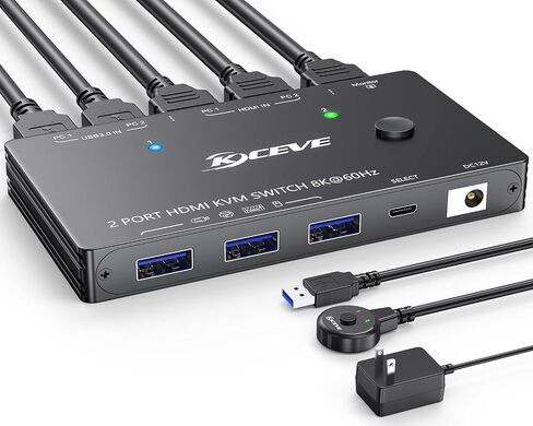 KVM Switch HDMI 8K@60Hz/4K@120Hz, Camgeet HDMI2.1 KVM Switch for 2 Computer Share 1 Monitor and 4 USB3.0 Devices,HDCP 2.3，HDR 10,with Wired Remote，12V Power Adapter and 2 USB3.0 Cables in Kuwait