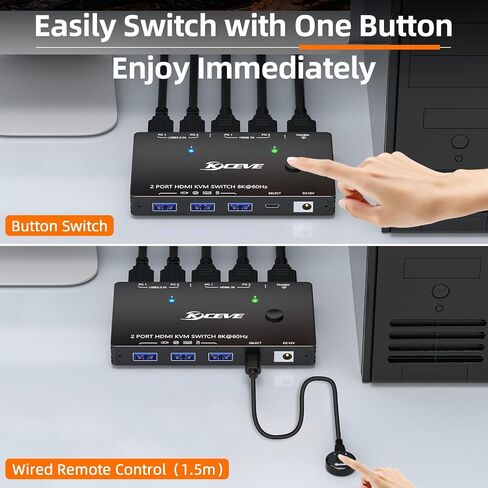 KVM Switch HDMI 8K@60Hz/4K@120Hz, Camgeet HDMI2.1 KVM Switch for 2 Computer Share 1 Monitor and 4 USB3.0 Devices,HDCP 2.3，HDR 10,with Wired Remote，12V Power Adapter and 2 USB3.0 Cables in Kuwait