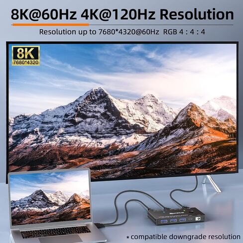 KVM Switch HDMI 8K@60Hz/4K@120Hz, Camgeet HDMI2.1 KVM Switch for 2 Computer Share 1 Monitor and 4 USB3.0 Devices,HDCP 2.3，HDR 10,with Wired Remote，12V Power Adapter and 2 USB3.0 Cables in Kuwait