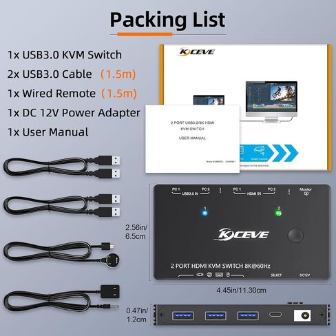 KVM Switch HDMI 8K@60Hz/4K@120Hz, Camgeet HDMI2.1 KVM Switch for 2 Computer Share 1 Monitor and 4 USB3.0 Devices,HDCP 2.3，HDR 10,with Wired Remote，12V Power Adapter and 2 USB3.0 Cables in Kuwait