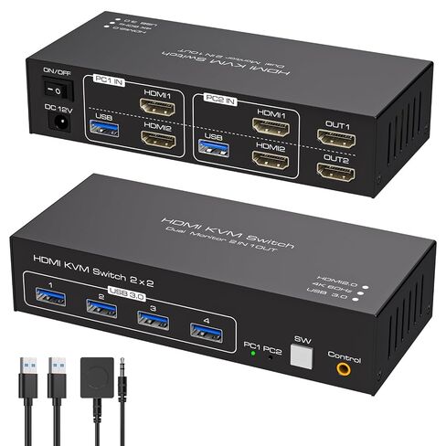 KVM Switch 2 Computers 2 Monitors 4K@60Hz USB 3.0 2 Port KVM Switches for 2 PC Share Dual Monitor and 4 USB Devices Support Extended/Copy Mode with External Controller & USB Cables in Saudi Arabia