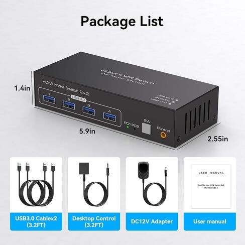 KVM Switch 2 Computers 2 Monitors 4K@60Hz USB 3.0 2 Port KVM Switches for 2 PC Share Dual Monitor and 4 USB Devices Support Extended/Copy Mode with External Controller & USB Cables in Saudi Arabia