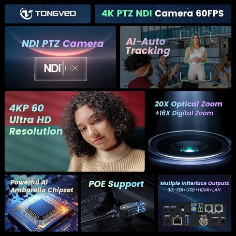 4K NDI PTZ Camera 60FPS, 4KP60 AI Auto-Tracking 20X Optical Zoom Video Conference Camera 1/1.8 UHD CMOS 8.42MP with USB 3G-SDI HDMI LAN Outputs POE Live Streaming for Church Worship Conference Events in Saudi Arabia