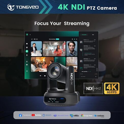 4K NDI PTZ Camera 60FPS, 4KP60 AI Auto-Tracking 20X Optical Zoom Video Conference Camera 1/1.8 UHD CMOS 8.42MP with USB 3G-SDI HDMI LAN Outputs POE Live Streaming for Church Worship Conference Events in Saudi Arabia