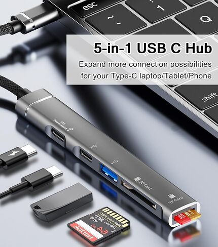 USB C Hub 5 in 1, Aluminum USB C Multiport Adapter with Memory SD/Micro SD Card Reader,Headphone Jack for iPhone 15/16, MacBook, iPad Pro, iMac, Dell, HP, ASUS, Acer in Kuwait