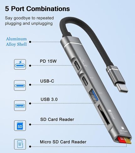 USB C Hub 5 in 1, Aluminum USB C Multiport Adapter with Memory SD/Micro SD Card Reader,Headphone Jack for iPhone 15/16, MacBook, iPad Pro, iMac, Dell, HP, ASUS, Acer in Kuwait