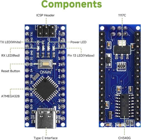 2pcs Nano V3.0 Board ATmega328P MCU CH340G Chip 5V 16M Microcontroller Type-C Port with USB Cable + Nano V3.0 Expansion Board Nano IO Shield V1.O Terminal Adapter Compatible with Arduino IDE in Kuwait