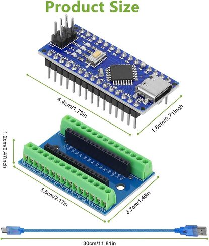2pcs Nano V3.0 Board ATmega328P MCU CH340G Chip 5V 16M Microcontroller Type-C Port with USB Cable + Nano V3.0 Expansion Board Nano IO Shield V1.O Terminal Adapter Compatible with Arduino IDE in Kuwait