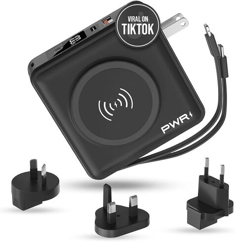 بنك الطاقة PWRMobile PWR Travel PRO 5 في 1 - 10000 مللي أمبير في الساعة مع كابلات مدمجة - 20 واط USB-C + 15 واط شحن لاسلكي - شاحن محمول صغير الحجم لأجهزة iPhone وAndroid - أبيض in Kuwait
