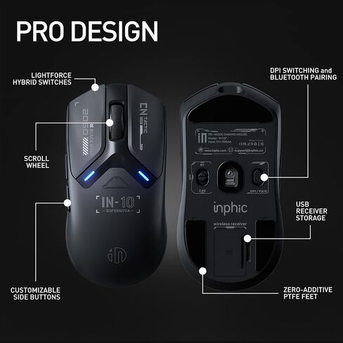 INPHIC IN10P Superlight Wireless Gaming Mouse, 60g, 8K Polling Rate, 26,000 DPI, Tri-Mode, PAW3395 Sensor, Fully Programmable in Saudi Arabia