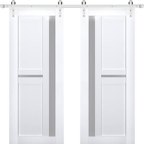 Sturdy Double Barn Door 48 x 84 inches with | Veregio 7288 White Silk with Frosted Glass | Stainless Steel 13FT Rail Hangers Heavy Set | Solid Panel Interior Doors in Saudi Arabia