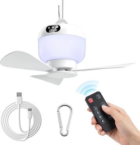 Camping Fan with Light & Remote, Portable Ceiling Fan Wireless Rechargeable Tent Fan with 4 Speeds,3 Light Modes,Timer, Battery Powered Fan for Tents, Canopy, Beach, RV, Car, Camper & Outdoor in Kuwait