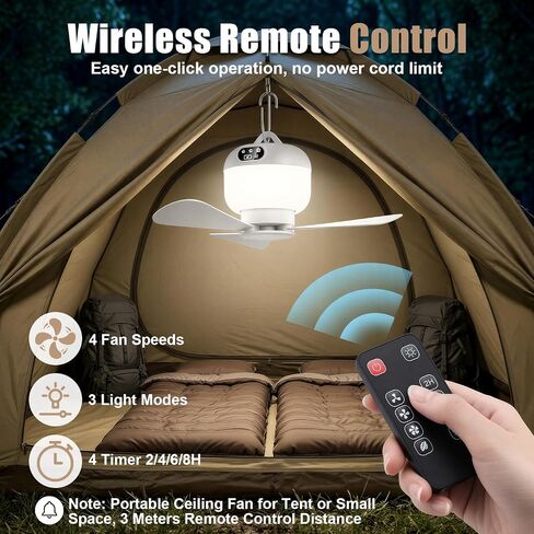 Camping Fan with Light & Remote, Portable Ceiling Fan Wireless Rechargeable Tent Fan with 4 Speeds,3 Light Modes,Timer, Battery Powered Fan for Tents, Canopy, Beach, RV, Car, Camper & Outdoor in Kuwait