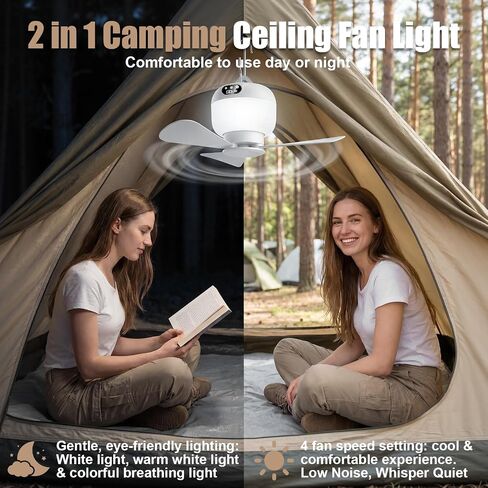 Camping Fan with Light & Remote, Portable Ceiling Fan Wireless Rechargeable Tent Fan with 4 Speeds,3 Light Modes,Timer, Battery Powered Fan for Tents, Canopy, Beach, RV, Car, Camper & Outdoor in Kuwait
