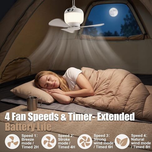 Camping Fan with Light & Remote, Portable Ceiling Fan Wireless Rechargeable Tent Fan with 4 Speeds,3 Light Modes,Timer, Battery Powered Fan for Tents, Canopy, Beach, RV, Car, Camper & Outdoor in Kuwait