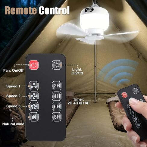 Camping Fan with Light & Remote, Portable Ceiling Fan Wireless Rechargeable Tent Fan with 4 Speeds,3 Light Modes,Timer, Battery Powered Fan for Tents, Canopy, Beach, RV, Car, Camper & Outdoor in Kuwait