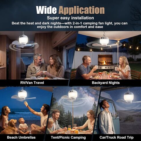 Camping Fan with Light & Remote, Portable Ceiling Fan Wireless Rechargeable Tent Fan with 4 Speeds,3 Light Modes,Timer, Battery Powered Fan for Tents, Canopy, Beach, RV, Car, Camper & Outdoor in Kuwait