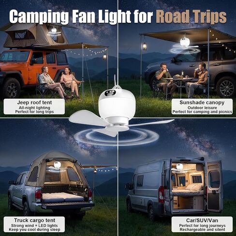 Camping Fan with Light & Remote, Portable Ceiling Fan Wireless Rechargeable Tent Fan with 4 Speeds,3 Light Modes,Timer, Battery Powered Fan for Tents, Canopy, Beach, RV, Car, Camper & Outdoor in Kuwait