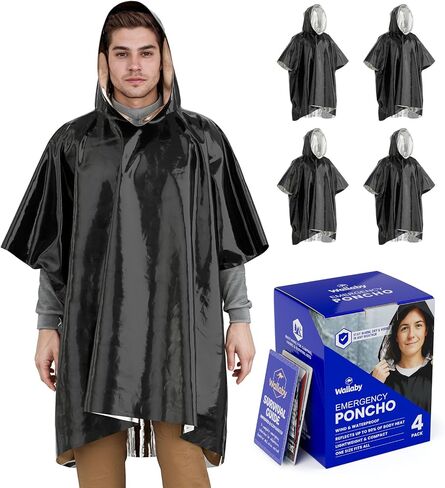 Wallaby 4-Pack Emergency Mylar Ponchos – Universal Fit Thermal Poncho with 90%+ Heat Retention, Lightweight Rain, Cold, Heat, Emergency Protection (Matte Black) in Kuwait
