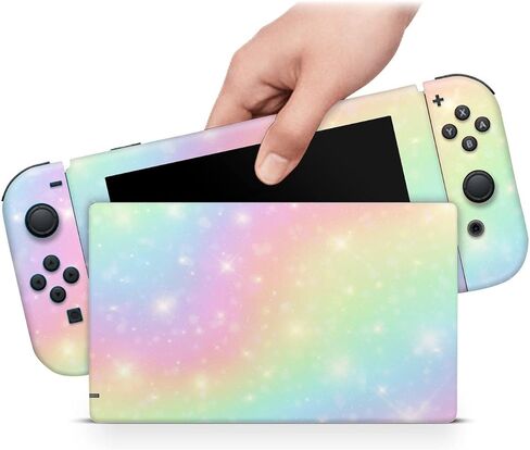 ZOOMHITSKINS Glitter Skin Compatible with Switch, Rainbow Pastel Stars Design, Durable 3M Vinyl Decal Wrap, Precision Fit, Bubble-Free, Made in USA in Saudi Arabia
