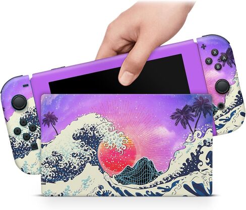 ZOOMHITSKINS Glitter Skin Compatible with Switch, Japanese Ocean Wave Art Design, Durable 3M Vinyl Decal Wrap, Precision Fit, Bubble-Free, Made in USA in Saudi Arabia