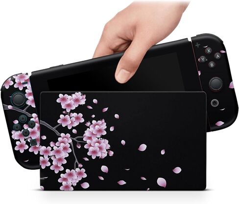 ZOOMHITSKINS Matte Skin Compatible with Switch, Black Pink Sakura Night Kawaii Design, Durable 3M Vinyl Decal Wrap, Precision Fit, Bubble-Free, Made in USA in Saudi Arabia