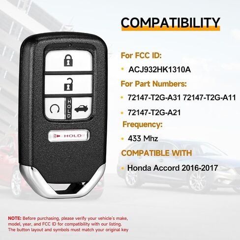 Smart Key Fob Replacement Fits for Honda Accord 2016 2017 Car Keyless Entry Remote ACJ932HK1310A 72147-T2G-A31 433MHz in Kuwait