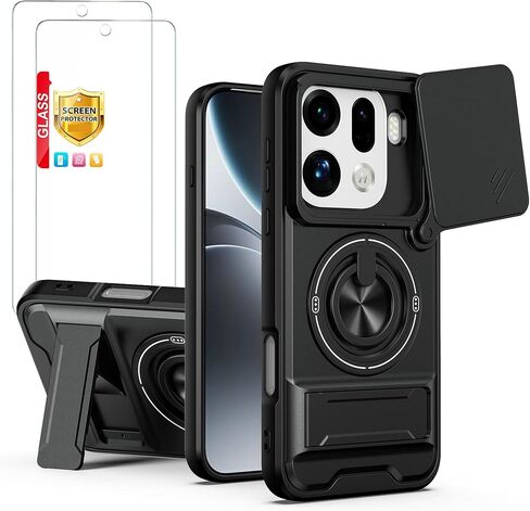 Compatible with Oppo Find X9 Pro Case [with 2*Screen Protector][2-in-1 Slide Camera Cover, Magnetic Kickstand Design][Shockproof Phone case] Black in Saudi Arabia